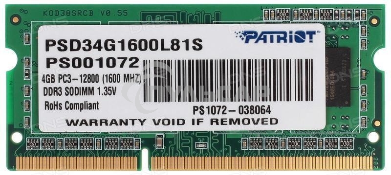 Оперативная память Patriot, DDR3L, 4Gb (1x4 Gb), 1600 MHz, CL11, SO-DIMM