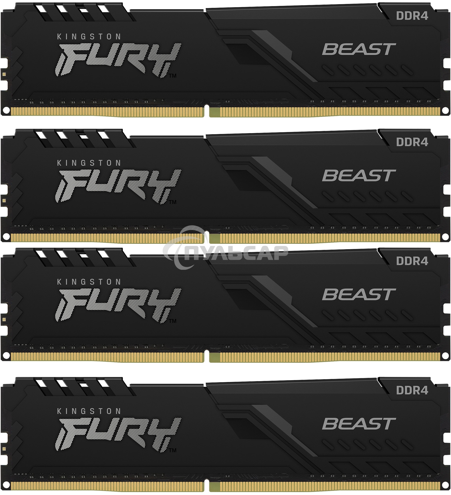 Оперативная память Kingston Fury Beast, DDR4, 32Gb (4x8GB), 3600MHz, CL17, DIMM, с радиаторами, черный
