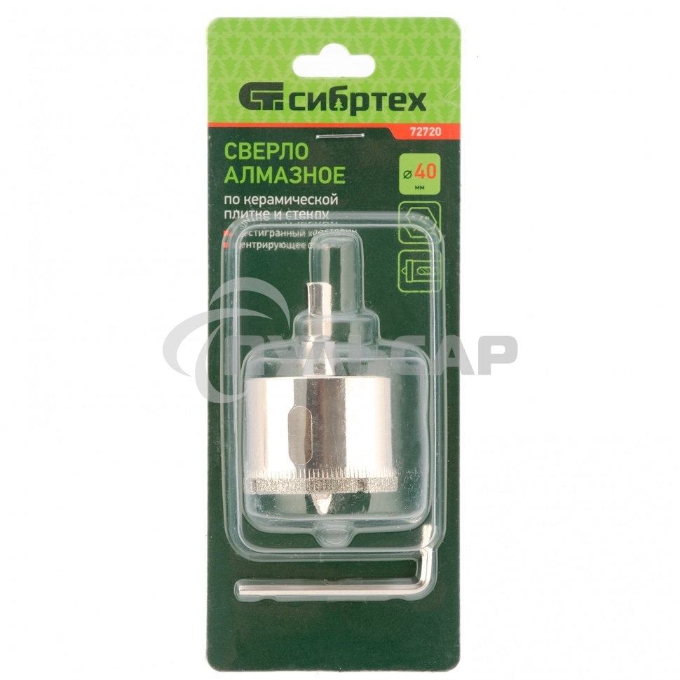 Сверло по керамической плитке и стеклу, 40 х 55 мм, 6 гр.хв-к, с центр. сверлом Сибртех