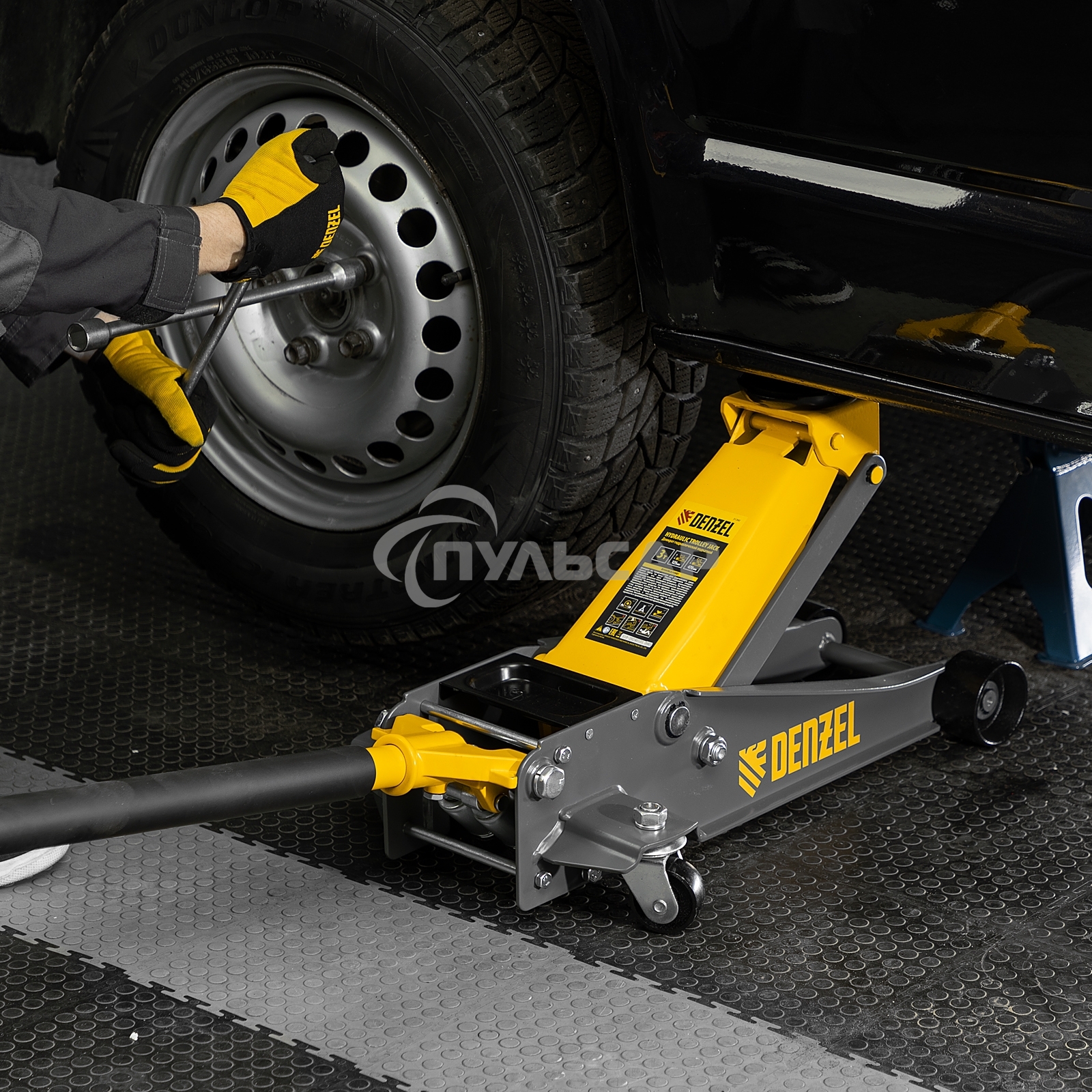 Домкрат гидравлический подкатной Denzel 3 т, 125-470 мм, быстрый подъем, проф. 51260