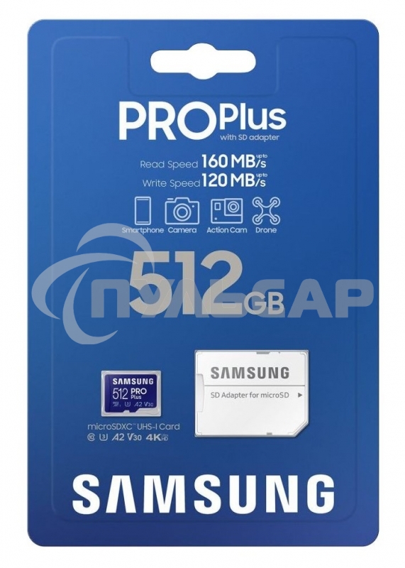 Флеш карта microSDXC 512Gb Samsung PRO Plus Class 10, A2, V30, UHS-I (U3), W 130 МБ/с, R 180 МБ/с, <MB-MD512SA/EU> адаптер на SD