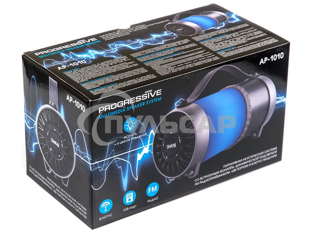 Колонки Dialog Progressive AP-1010 - акустическая колонка-труба c RGB фонарем, 12W RMS, Bluetooth, FM+USB+SD
