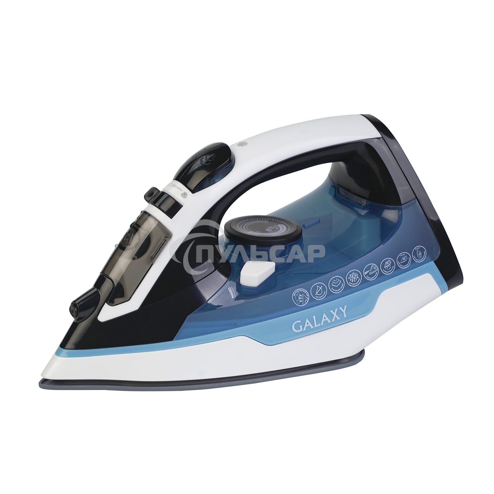 Утюг беспроводной Galaxy GL 6151, белый с голубым, паровой, 2200 Вт, функции: автоотключение, самоочистка, антикапля, антинакипь, функция увлажнения, вертикальное отпаривание, индикатор нагрева, защита от перегрева, резервуар для воды 320 мл, керамическое