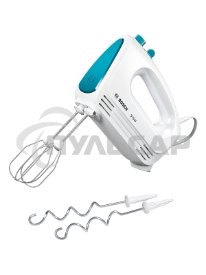 Миксер Bosch MFQ2210D, 375 Вт, белый/ голубой, 4 скорости+ импульс.режим, 2 крюка+ 2 венчика