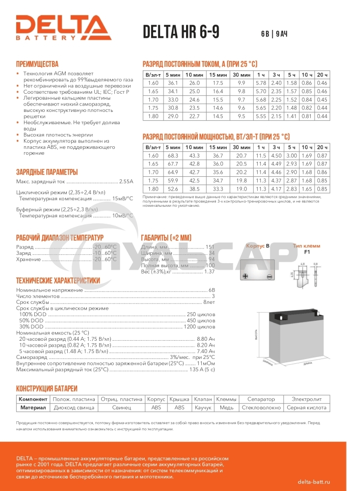 Батарея Delta HR 6-9 (634W) (6V, 9Ah)