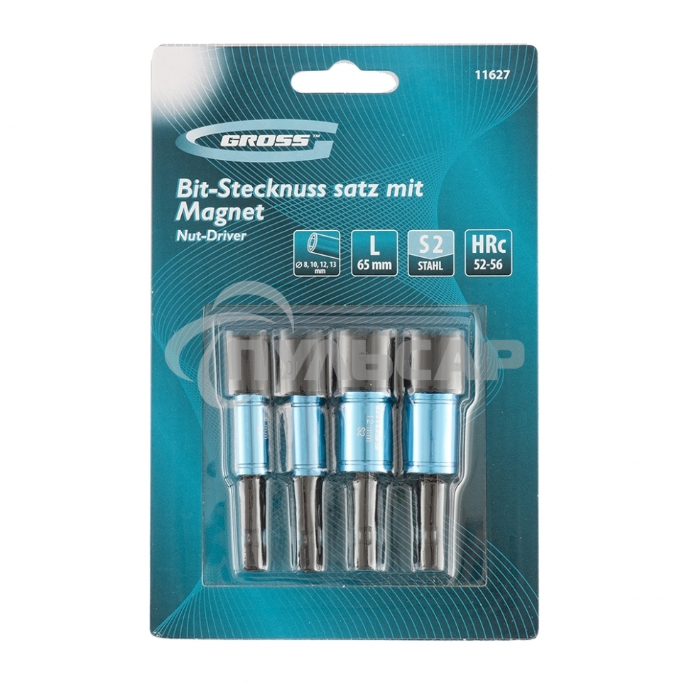 Набор головок GROSS 11627торцевых 8.10 12.13мм магнит. nut-driver s2