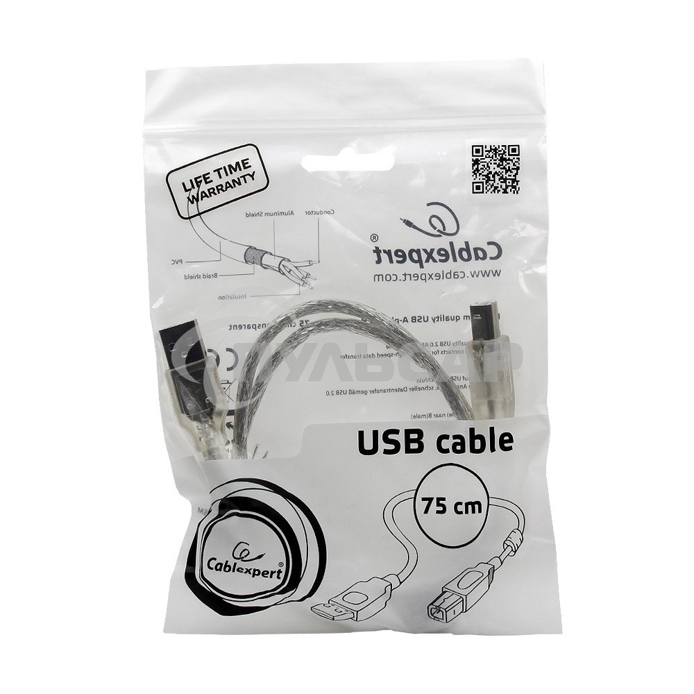 Кабель Cablexpert USB2.0 Pro, AM/BM, 0,75м, экран, 2 феррит.кольца, прозрачный (CCF-USB2-AMBM-TR-0.75M)