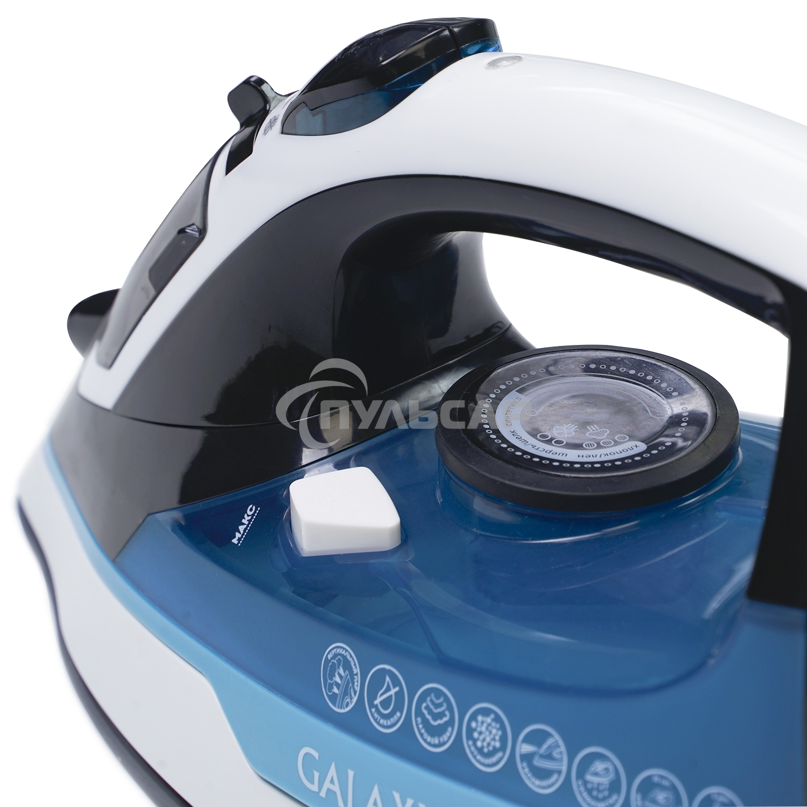 Утюг беспроводной Galaxy GL 6151, белый с голубым, паровой, 2200 Вт, функции: автоотключение, самоочистка, антикапля, антинакипь, функция увлажнения, вертикальное отпаривание, индикатор нагрева, защита от перегрева, резервуар для воды 320 мл, керамическое