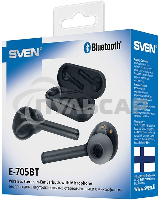 Беспроводные внутриканальные стереонаушники с микрофоном SVEN E-705BT, черный матовый (Bluetooth, TWS, магнитный зарядный кейс) Беспроводные внутриканальные стереонаушники с микрофоном SVEN E-705BT, черный матовый (Bluetooth, TWS, магнитный зарядный кейс)