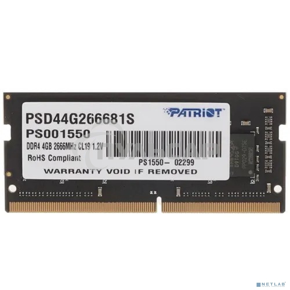Оперативная память Patriot Signature, DDR4, 4Gb (1x4 Gb), 2666 MHz, CL19, SO-DIMM