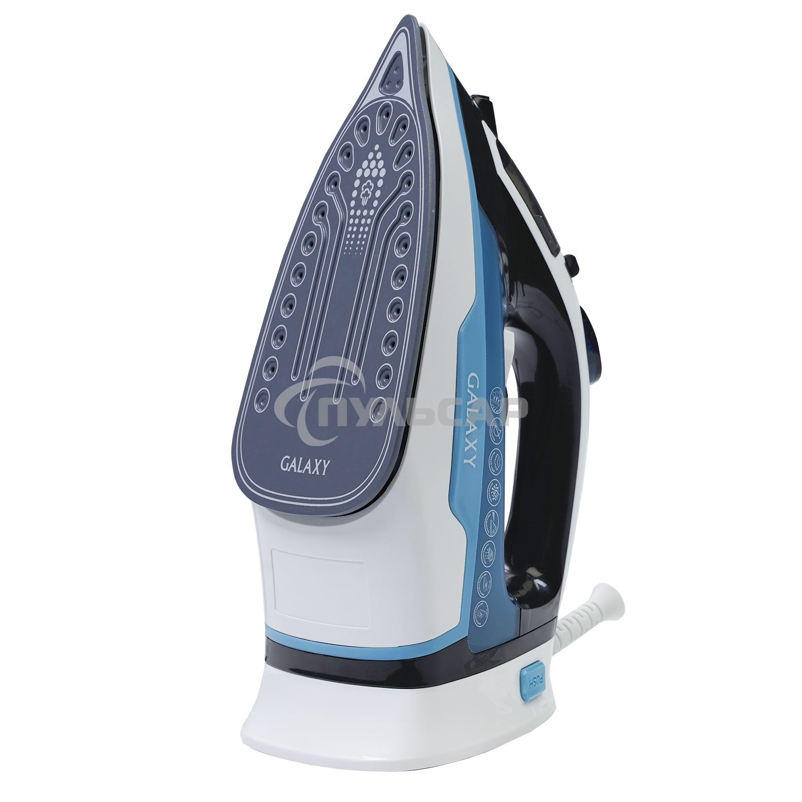 Утюг беспроводной Galaxy GL 6151, белый с голубым, паровой, 2200 Вт, функции: автоотключение, самоочистка, антикапля, антинакипь, функция увлажнения, вертикальное отпаривание, индикатор нагрева, защита от перегрева, резервуар для воды 320 мл, керамическое