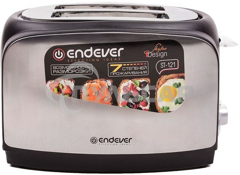 Тостер Endever Skyline ST-121 стальной, мощность -900 Вт, 3 режима работы, 7 регулировок поджаривания, 2 отсека для загрузки тостов, автоцентрирование тостов, механический тип управления, LED-подсветка на кнопках, термоизолированный корпус, отсек для хран