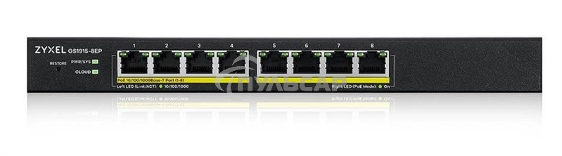 Гибридный Smart L2 коммутатор PoE+ Zyxel NebulaFlex GS1915-8EP, 8xGE PoE+, бесшумный (без вентилятора), бюджет PoE 60 Вт, автономное/облачное управление