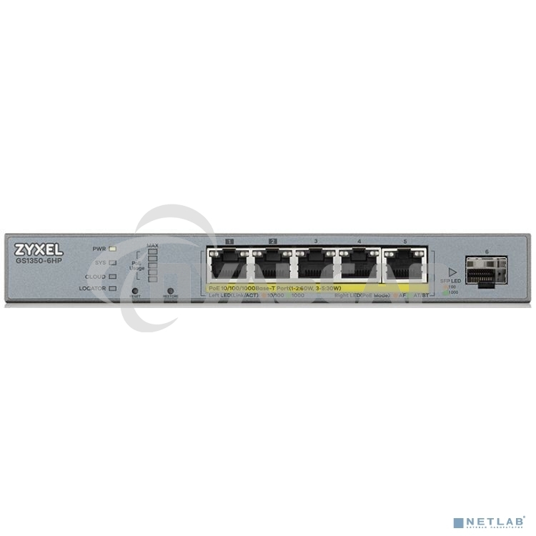 Коммутатор Zyxel GS1350-6HP, 4xGE PoE+, 1xGE PoE++ (802.3bt), 1xSFP, бюджет PoE 60 Вт, дальность передачи питания до 250 м, автоперезагрузка PoE-портов, повышенная защита от перенапряжений и электростатических р