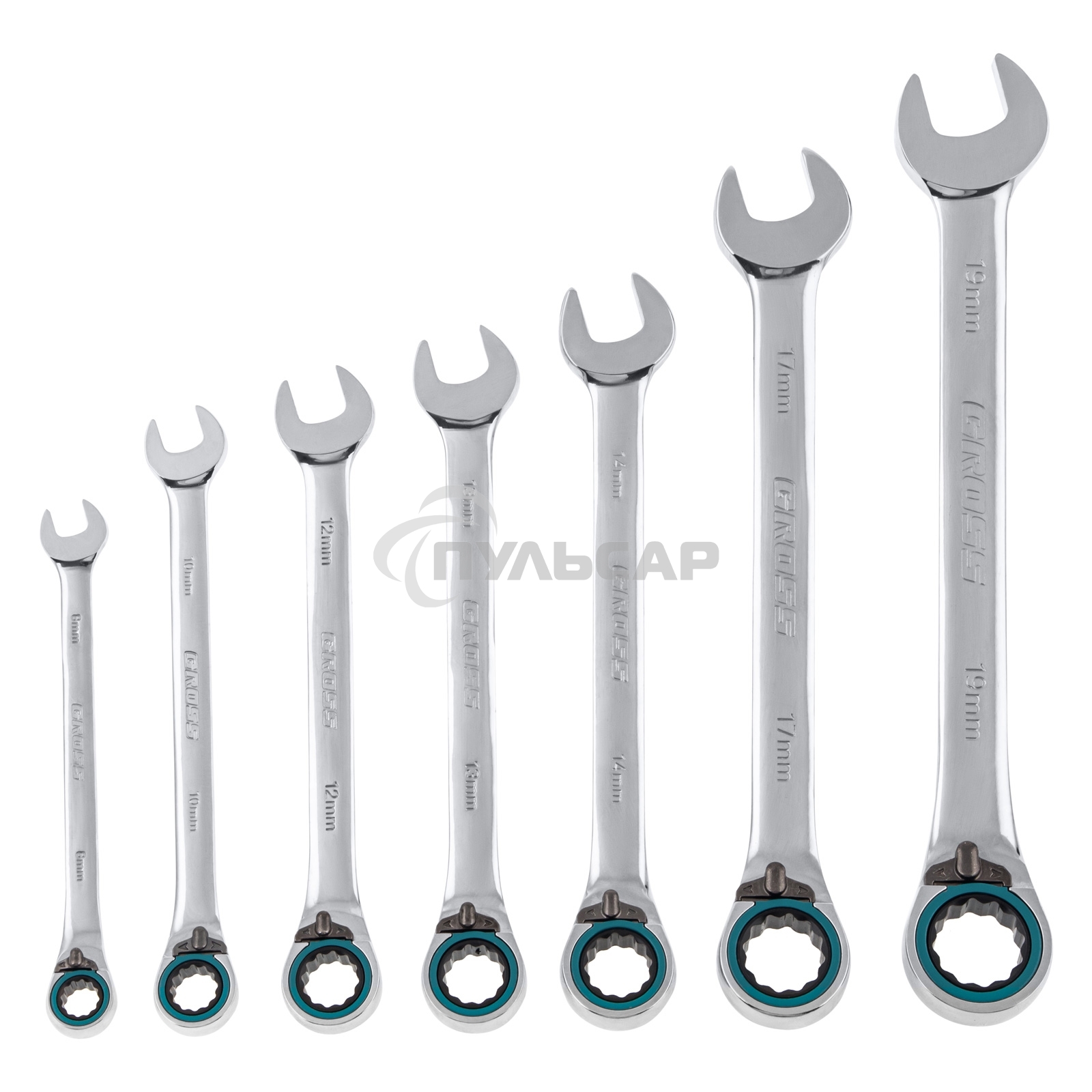 Набор ключей комбинированных с трещоткой, 8 - 19 мм, 7шт., реверсивные, CrV Gross