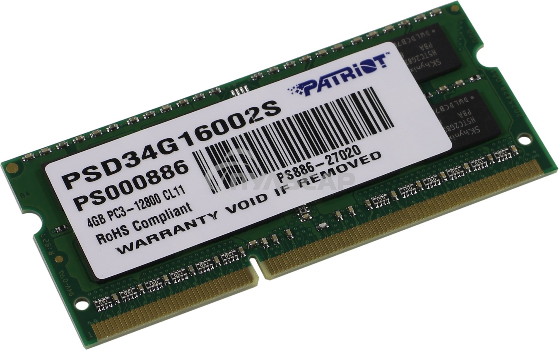 Оперативная память Patriot, DDR3, 4Gb, (1x4 Gb,), 1600 MHz, CL11, SO-DIMM
