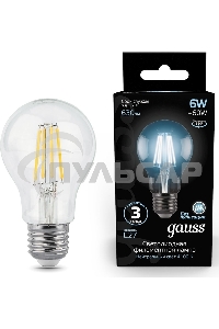 Лампа светодиодная Gauss 102802206LED Filament А60 Е27 6Вт 4100к 1/10/40