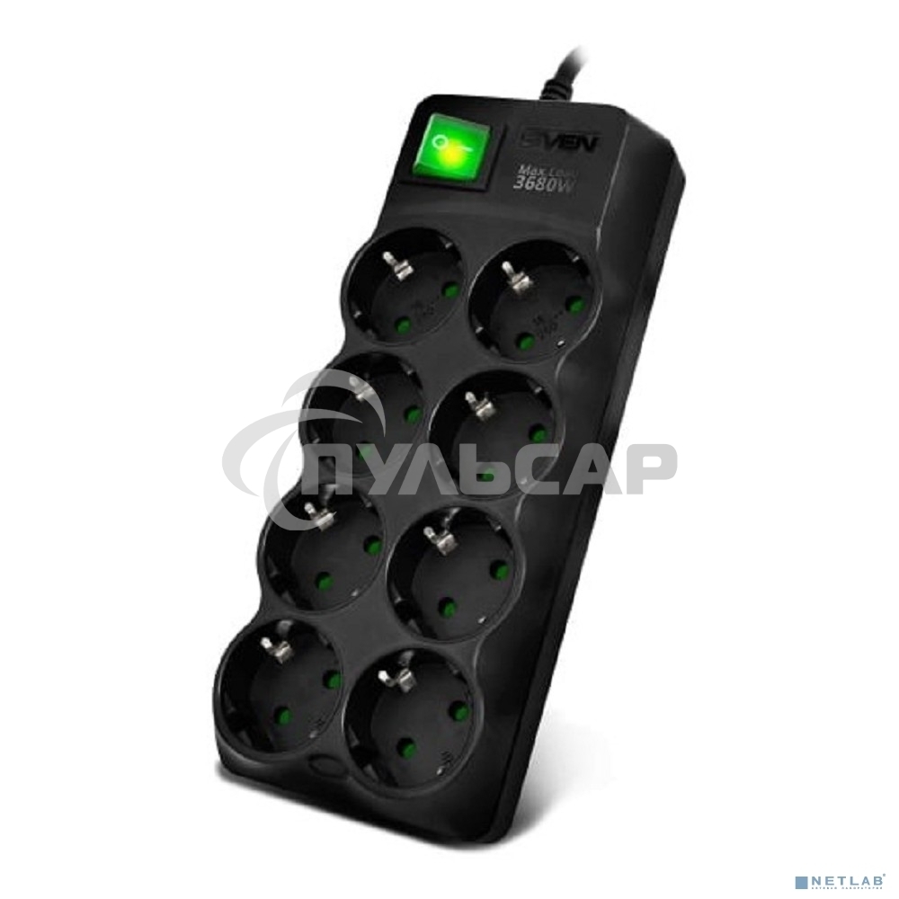 Сетевой фильтр Sven SF-08E-16 (3 м 8 розеток с защитными шторками,16А) черный, цветная коробка