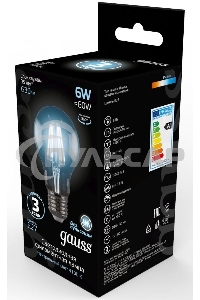 Лампа светодиодная Gauss 102802206LED Filament А60 Е27 6Вт 4100к 1/10/40