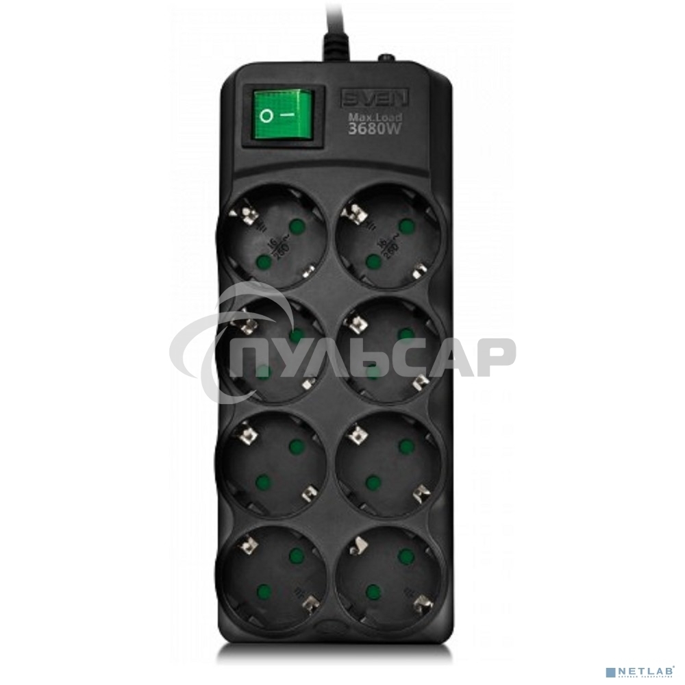 Сетевой фильтр Sven SF-08E-16 (3 м 8 розеток с защитными шторками,16А) черный, цветная коробка