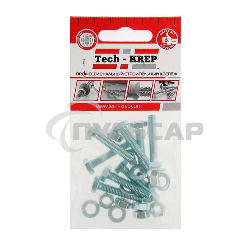 Болт М6х30 с шестигранной головкой цинк. с гайк. и шайб. DIN 933 (уп.8шт) класс прочности 8.8. пакет Tech-Krep 114051