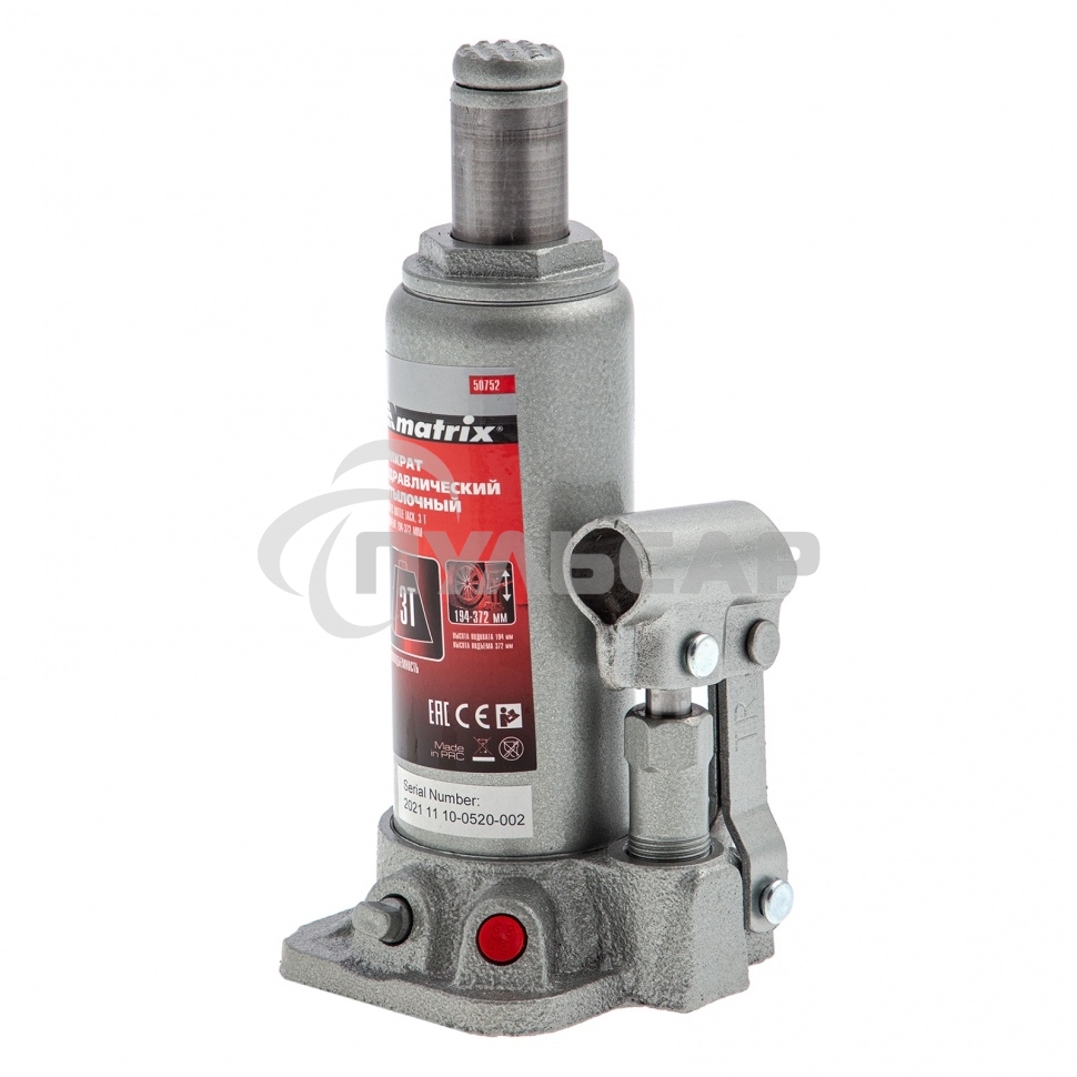 Домкрат Matrix бутылочный 3т h подъема 194–372мм в пласт. кейсе