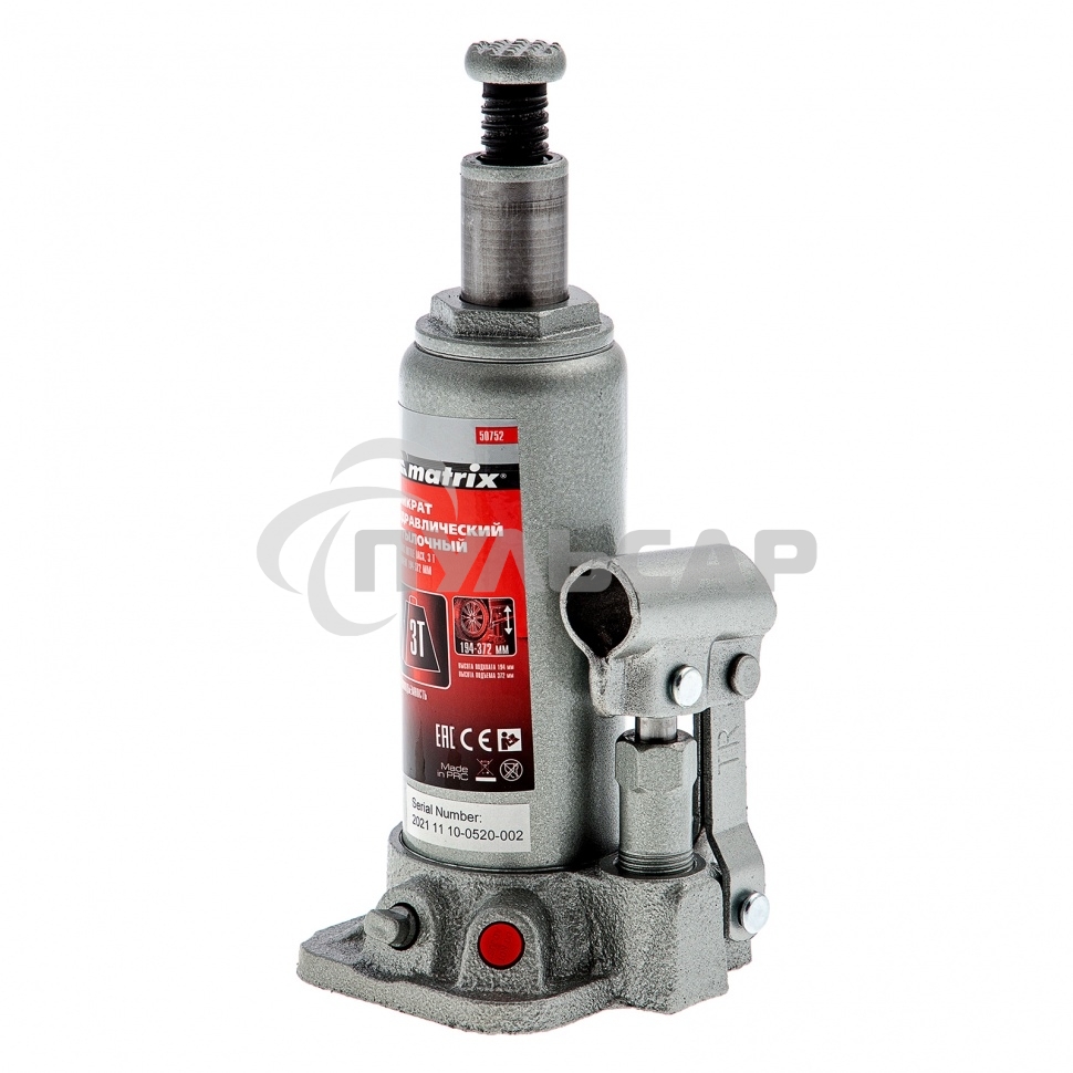 Домкрат Matrix бутылочный 3т h подъема 194–372мм в пласт. кейсе