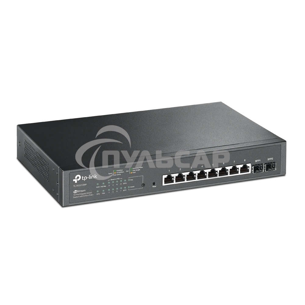 Коммутатор TP-Link JetStream 10-Port Gigabit Smart Switch with 8-Port PoE+, 8× Gigabit PoE+ Ports, 2× Gigabit SFP Slots, 802.3at/af, 150 W PoE Power, 1U 13-inch Rack-mountable Steel CaseIntegration with Omada SDN Controller, 802.1Q VLAN, STP/RSTP/MSTP, IG