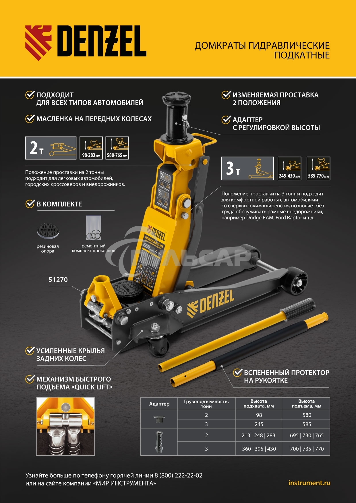 Домкрат гидравлический подкатной Denzel 2/3 т, 98-770 мм, быстрый подъем, низ. подхват, проф, SUV 51270