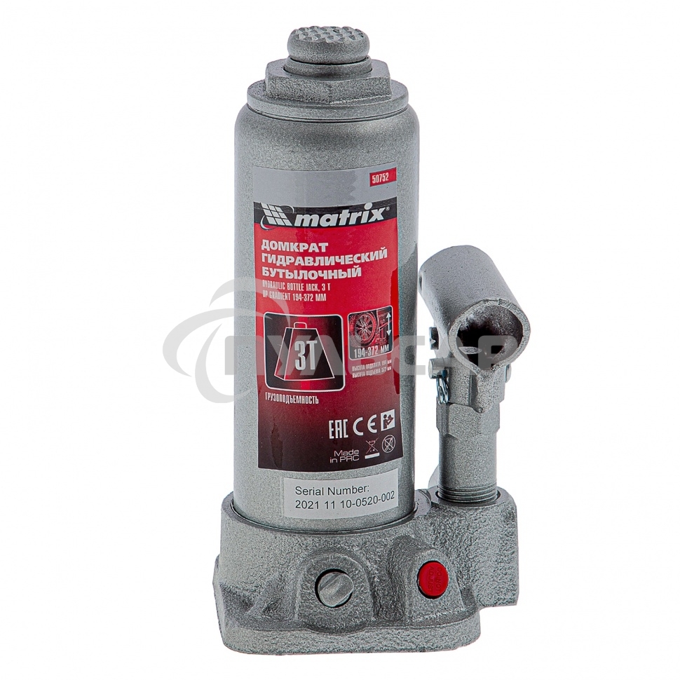 Домкрат Matrix бутылочный 3т h подъема 194–372мм в пласт. кейсе