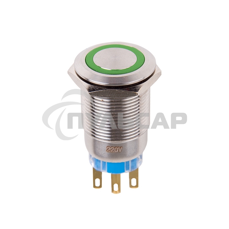 Кнопка антивандальная Ø19 250В Фикс (5с) ON-OFF/OFF-ON подсв/зеленая Rexant