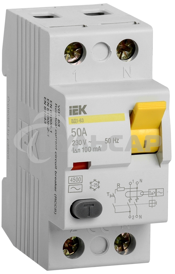Выключатель дифференциального тока (УЗО) 2п 50А 100мА тип AC ВД1-63 ИЭК MDV10-2-050-100