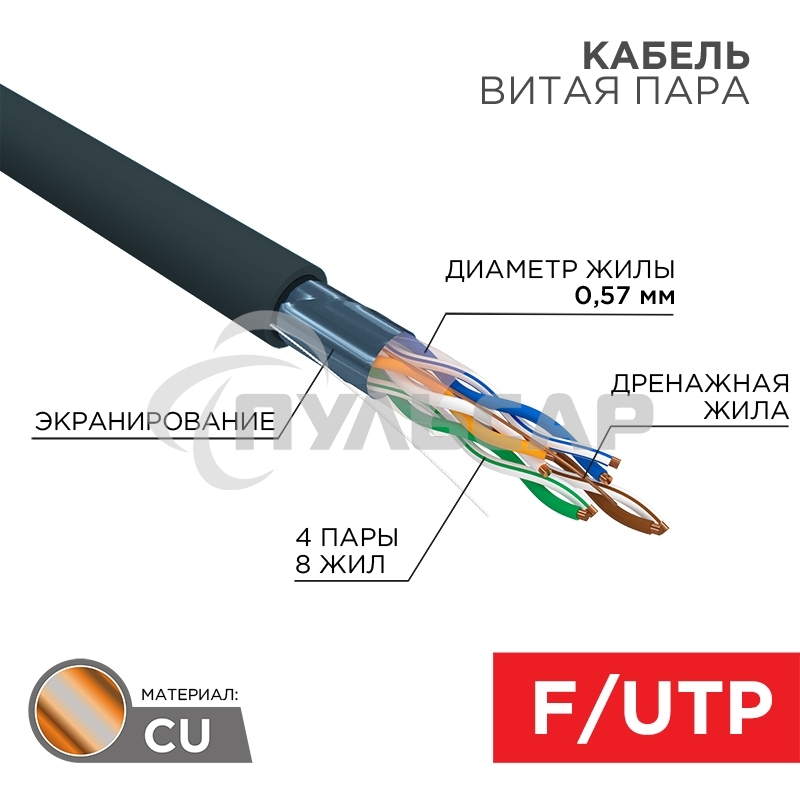 Кабель витая пара F/UTP, CAT 6, PE, 4PR, 23AWG, OUTDOOR, SOLID, черный, 305м Rexant