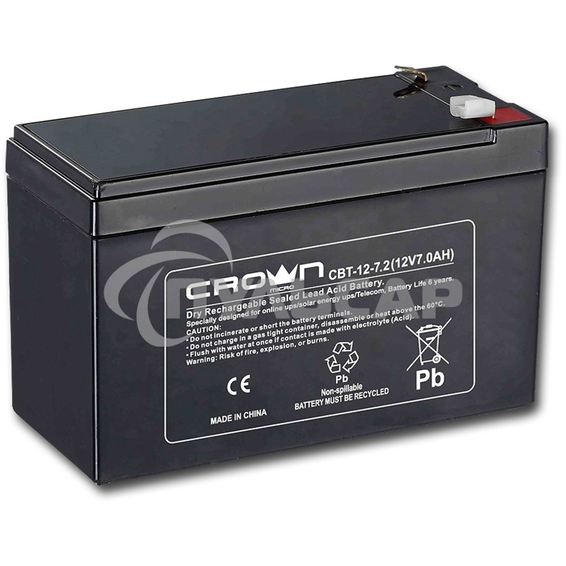 Батарея CROWN CBT-12-7.2 (напряжение 12В, емкость 7.2 А/Ч, разм 151х65х100 мм, вес 2,1 кг, тип клеммы - F2, 5 лет)