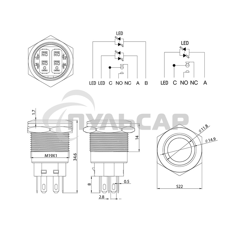 Кнопка антивандальная Ø19 250В Фикс (5с) ON-OFF/OFF-ON подсв/зеленая Rexant