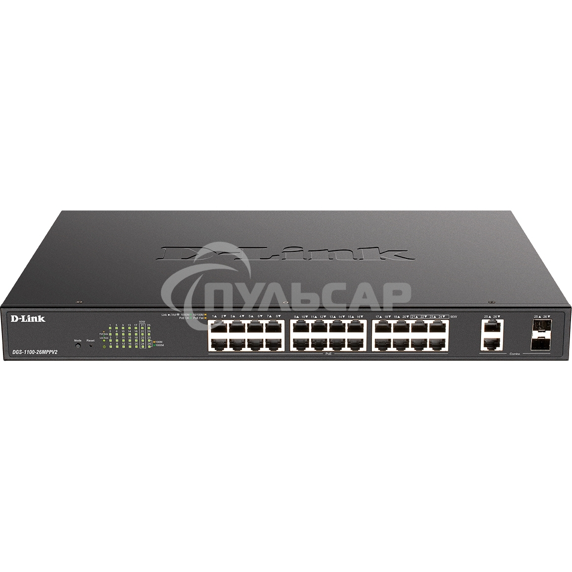 Настраиваемый L2 коммутатор D-Link DGS-1100-26MPPV2/A3A с 24 портами 10/100/1000Base-T и 2 комбо-портами 1000Base-T/SFP (порты 1-24 PoE 802.3af/at, порты 21-24 PoE 802.3bt, PoE-бюджет 525 Вт)