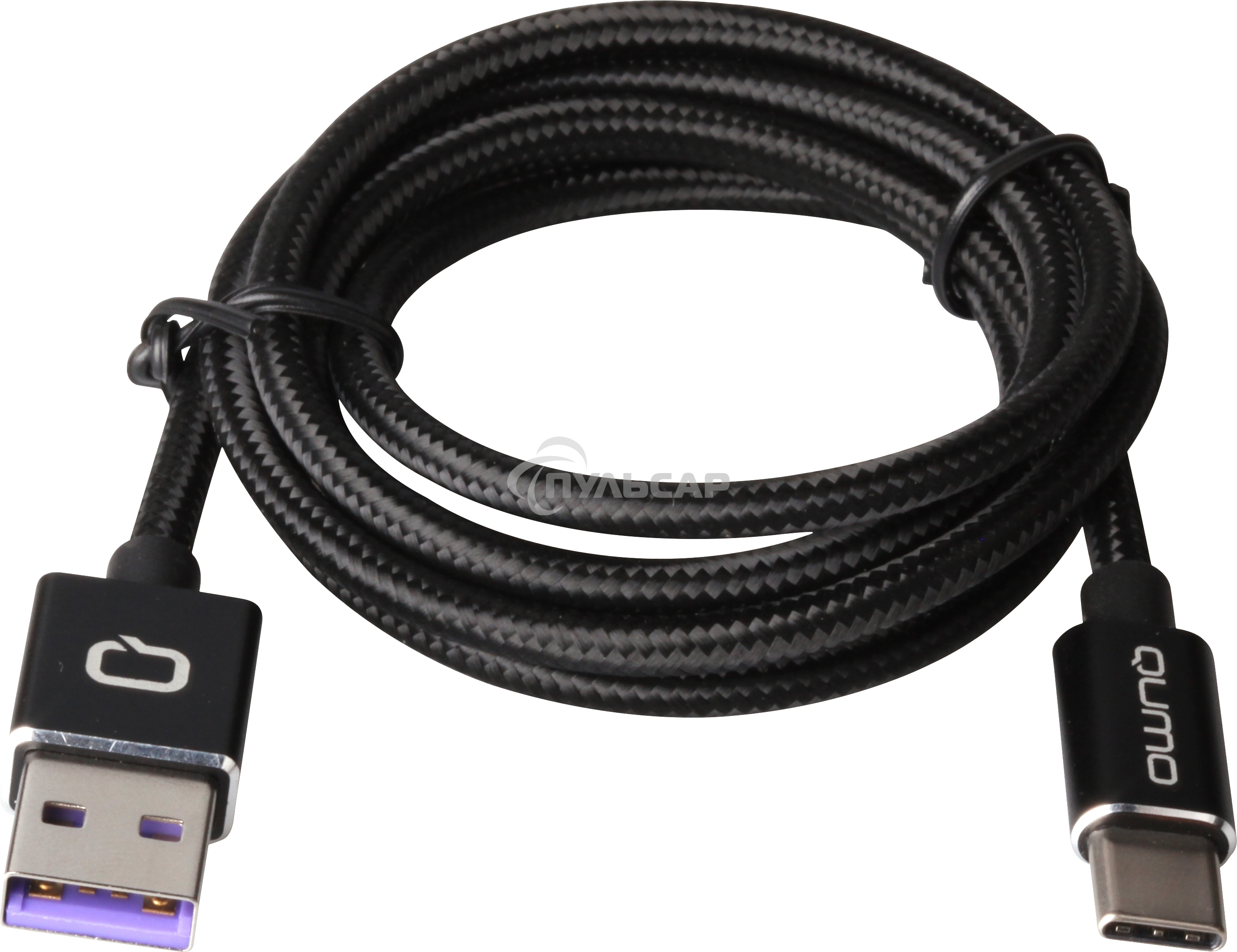 Кабель Qumo Type-С кабель, 1м, USB 2.0, 5В, 5А, 25Вт, тканевая оплетка, стальной коннектор, черный