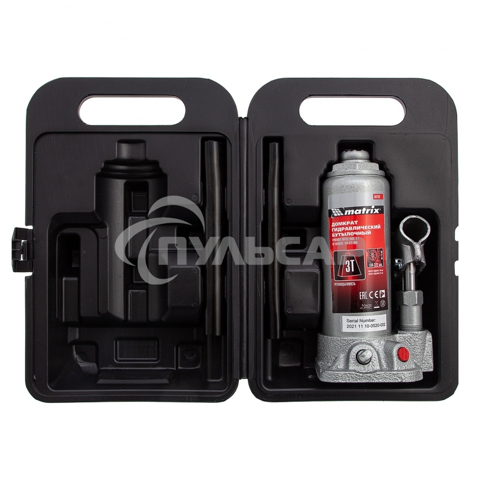Домкрат Matrix бутылочный 3т h подъема 194–372мм в пласт. кейсе