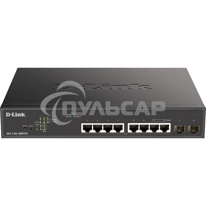 Коммутатор D-Link DGS-1100-10MPPV2/A3A, L2 Smart Switch with 8 10/100/1000Base-T ports and 2 1000Base-X SFP ports (6 PoE ports 802.3af/802.3at (30 W), 2 ports 802.3af/802.3at/802.3bt (90W), PoE Budget 242 W).8K