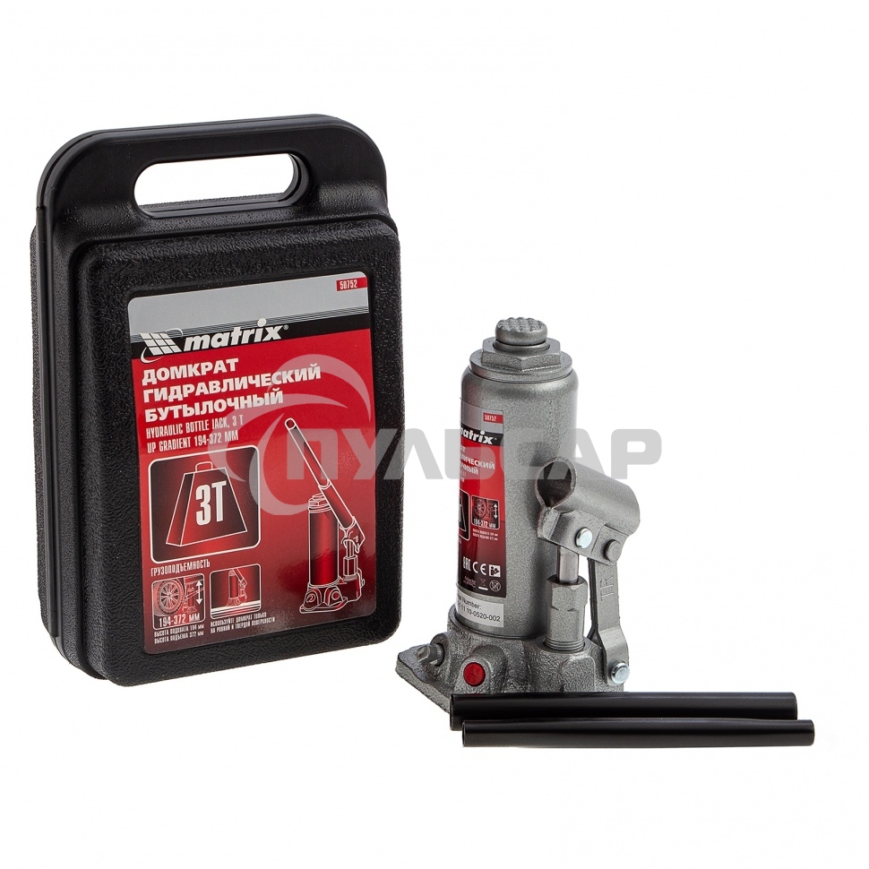 Домкрат Matrix бутылочный 3т h подъема 194–372мм в пласт. кейсе