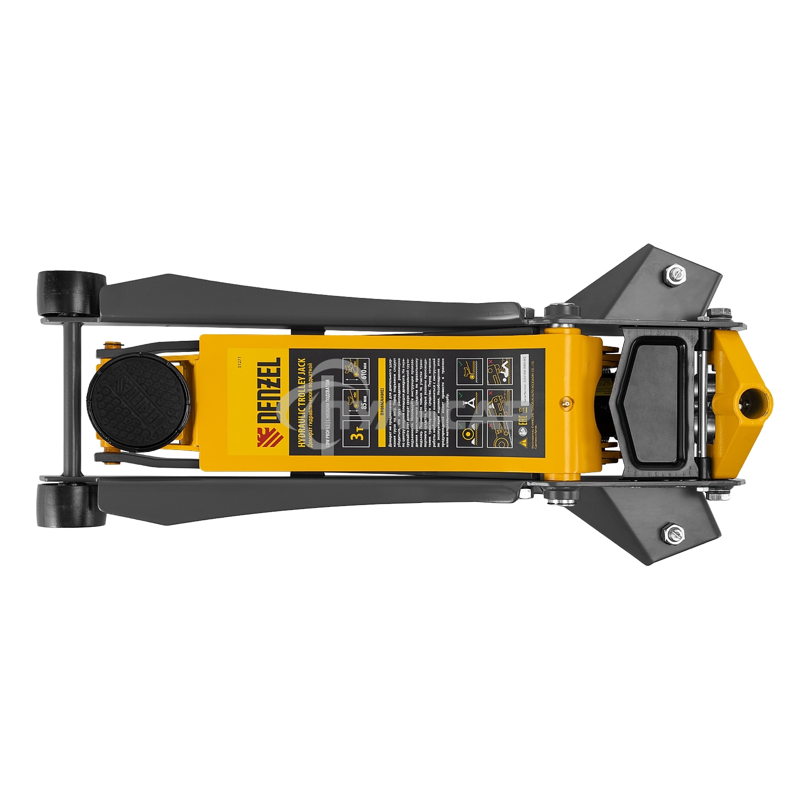 Домкрат гидравлический подкатной Denzel 3 т, 85-610 мм, быстрый подъем, низ. подхват, проф, SUV 51271