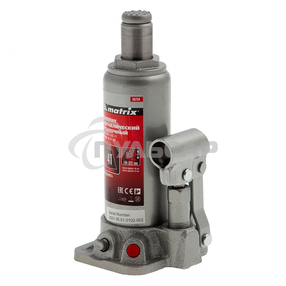 Домкрат Matrix гидравлический бутылочный 4 т h подъема 194–372мм в пласт. кейсе master