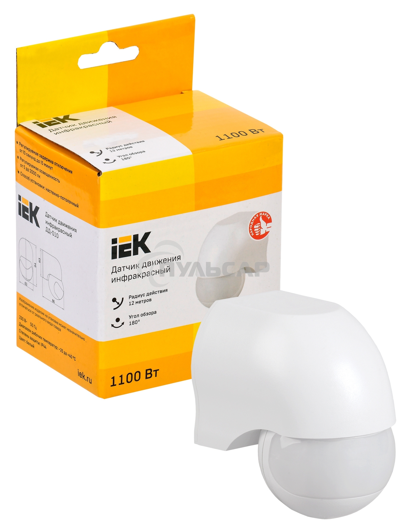 Детектор движения ДД 010 1100Вт угол. обз. 180град. IP44 бел. ИЭК LDD10-010-1100-001