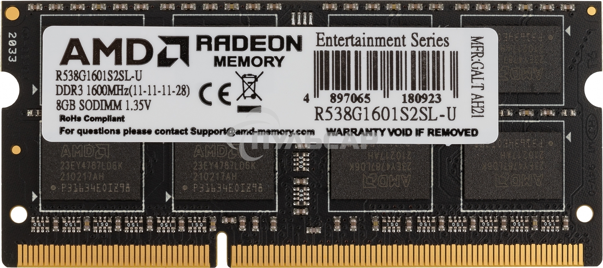 Оперативная память AMD 8Gb DDR3L 1600MHz SO DIMM R5 Entertainment Series Black R538G1601S2SL-U Non-ECC, CL11, 1.35V, Retail
