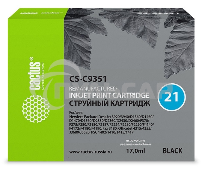Картридж струйный Cactus CS-C9351 №21 черный (17 мл) для HP DJ 3920/3940/D1360/D1460/D1470/D1560/D2330/D2360/D2430/D2460/F370/F375/F380/F2180/F2187/F2224/F2280/F2290/F4140/F4172/F4180/F4190