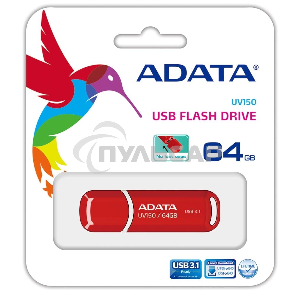 Флешка USB ADATA UV150 (AUV150-64G-RRD), 64 Gb, USB 3.0, R/W 100/30, красный