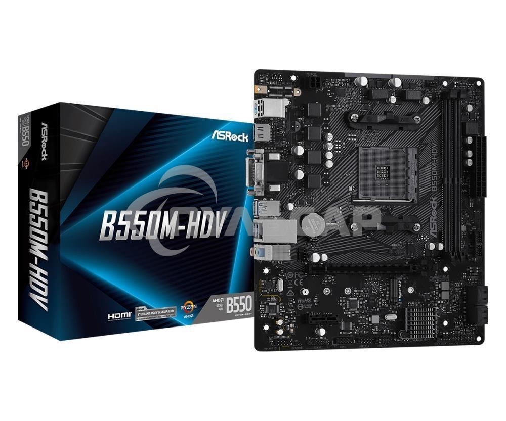 Материнская плата ASRock B550M-HDV, AM4, AMD B550, 2xDDR4, 4xSATA, 1xM.2, 1xPCIe 4.0 x16, 1xDVI-D, 1xHDMI, 1xVGA, 1x 1Gb LAN, 3x3.5 мм, 7.1, mATX