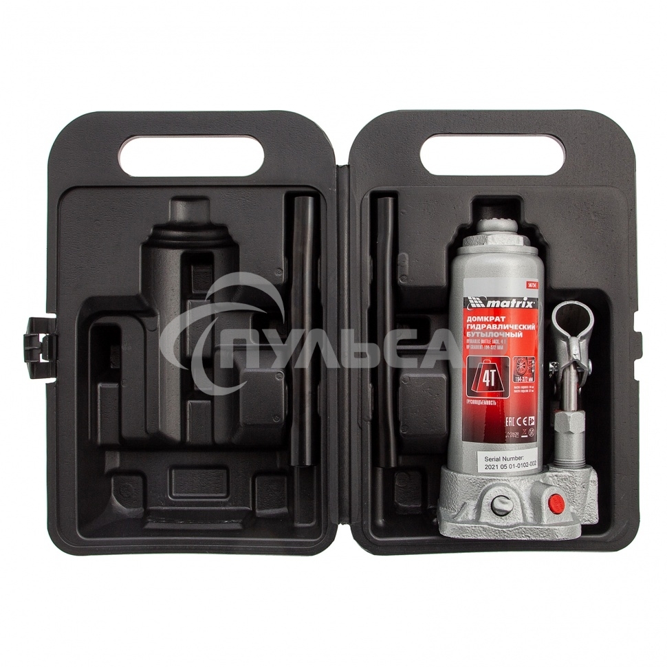 Домкрат Matrix гидравлический бутылочный 4 т h подъема 194–372мм в пласт. кейсе master