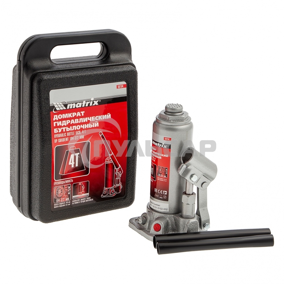Домкрат Matrix гидравлический бутылочный 4 т h подъема 194–372мм в пласт. кейсе master