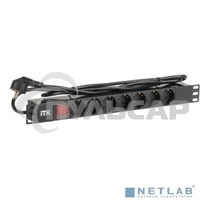 Блок розеток ITK PDU 7 розеток DIN49440 (нем. cтанд.) с LED выключателем, 1U, шнур 2м вилка DIN49441 (нем. станд.), профиль из ПВХ, черный
